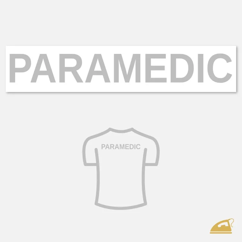 Reflexní nažehlovačka PARAMEDIC na záda – velký bezpečnostní nápis na záchranářské oděvy a vesty (28 × 3,7 cm).