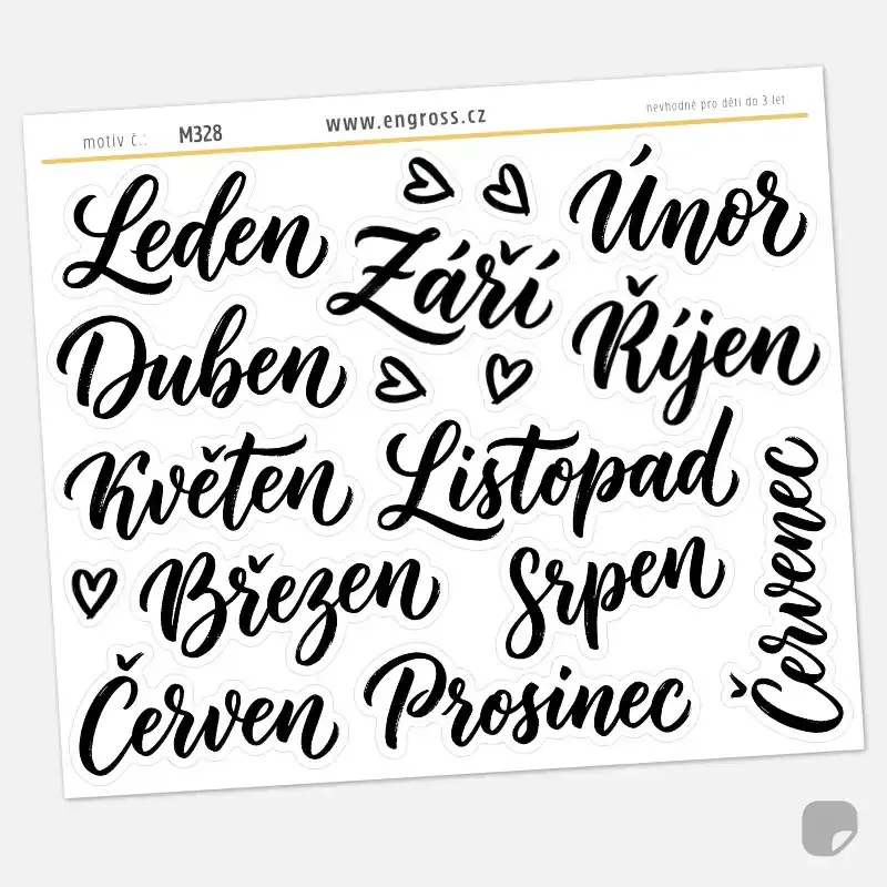 Samolepky do diáře: Názvy měsíců – Velké kaligrafické nadpisy do deníku.