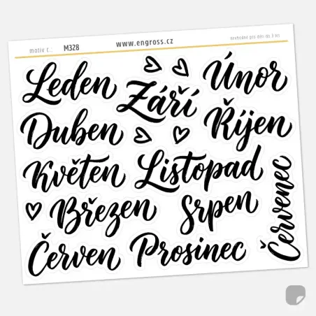 Samolepky do diáře: Názvy měsíců – Velké kaligrafické nadpisy do deníku.
