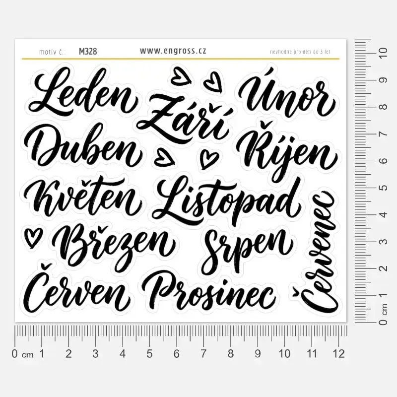 Samolepky do diáře: Názvy měsíců – Velké kaligrafické texty, ideální jako nadpisy stránek.
