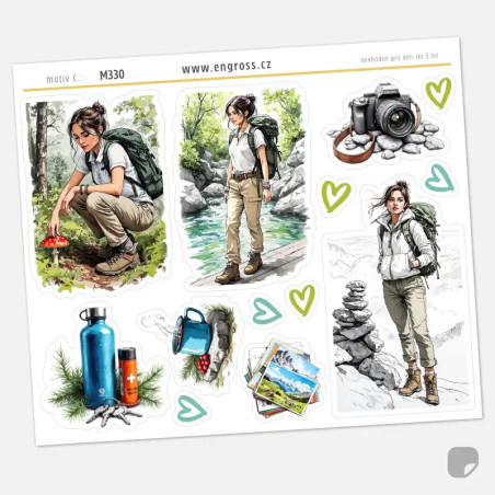 Samolepky do diáře: Horská túra s Miou – Výbava a příroda (Pencil Sketch).