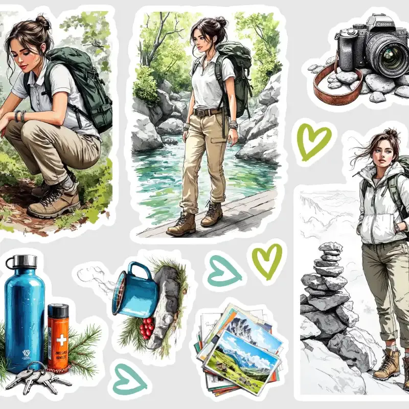 Samolepky do diáře: Horská túra s Miou – Nálepky pro dekoraci diáře i deníku.