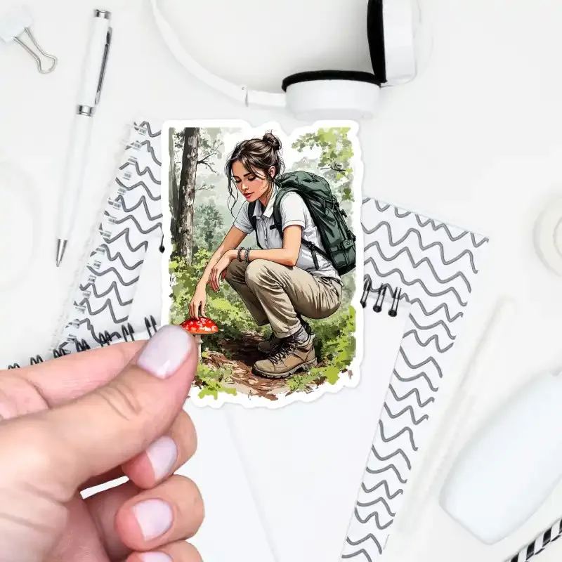 Samolepka do diáře - Mia a mochomůrka na lesní cestě.