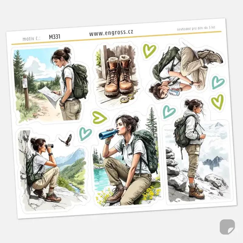 Samolepky do diáře: Horská túra s Miou – Výhledy a relax (Pencil Sketch).
