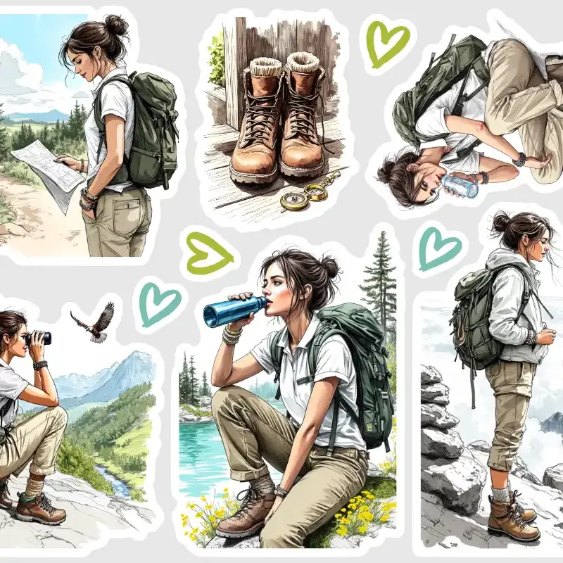 Samolepky do diáře: Horská túra s Miou – Výhledy. Aršík nálepek pro zdobení diáře.