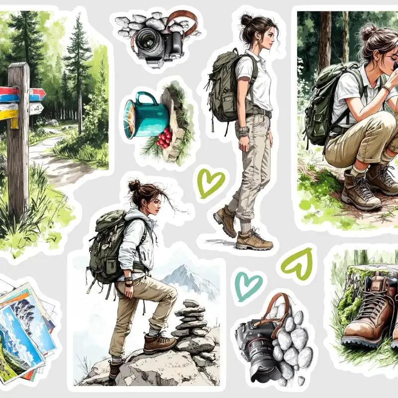 Samolepky do diáře: Horská túra s Miou – sladěná sada samolepek na zdobení diáře, deníku i bulletu.