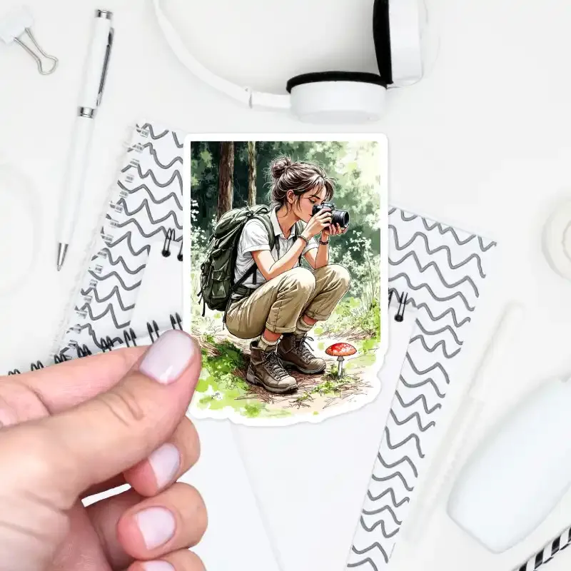 Samolepka do diáře: Horská túra s Miou – Mia fotí přírodní scenérie.