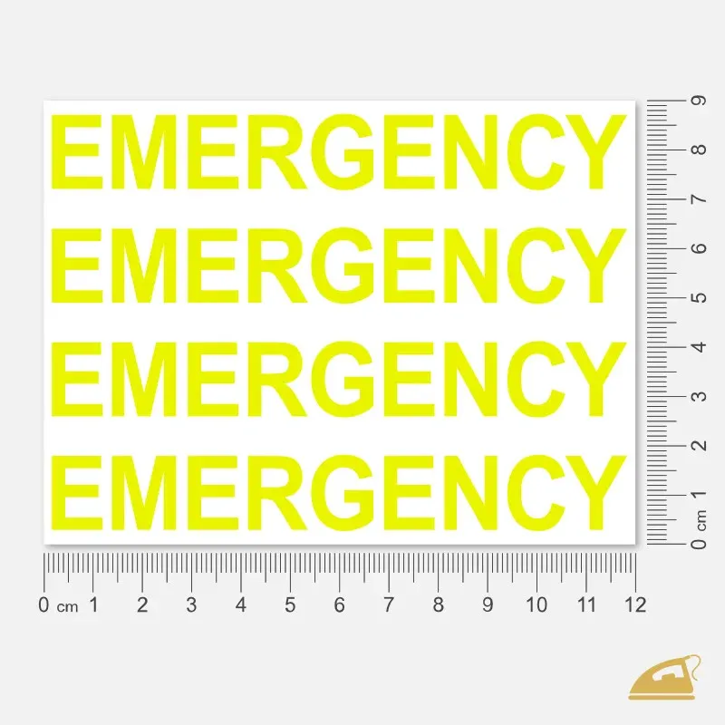 Neonový nažehlovací nápis EMERGENCY – sada 4 ks na pracovní oděvy pro záchranáře.