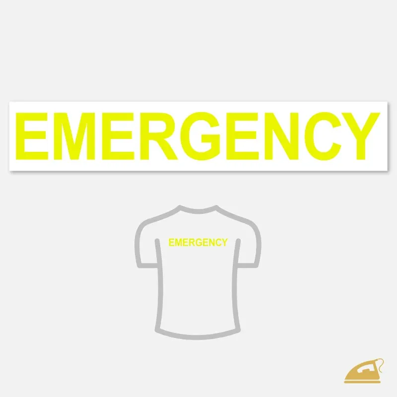 Velký neonový nažehlovací nápis EMERGENCY na záda oděvů pro záchranáře.