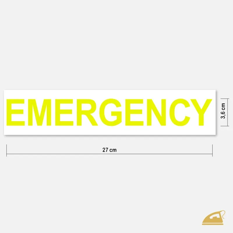Velký neonový nažehlovací nápis EMERGENCY na záda pracovních oděvů.