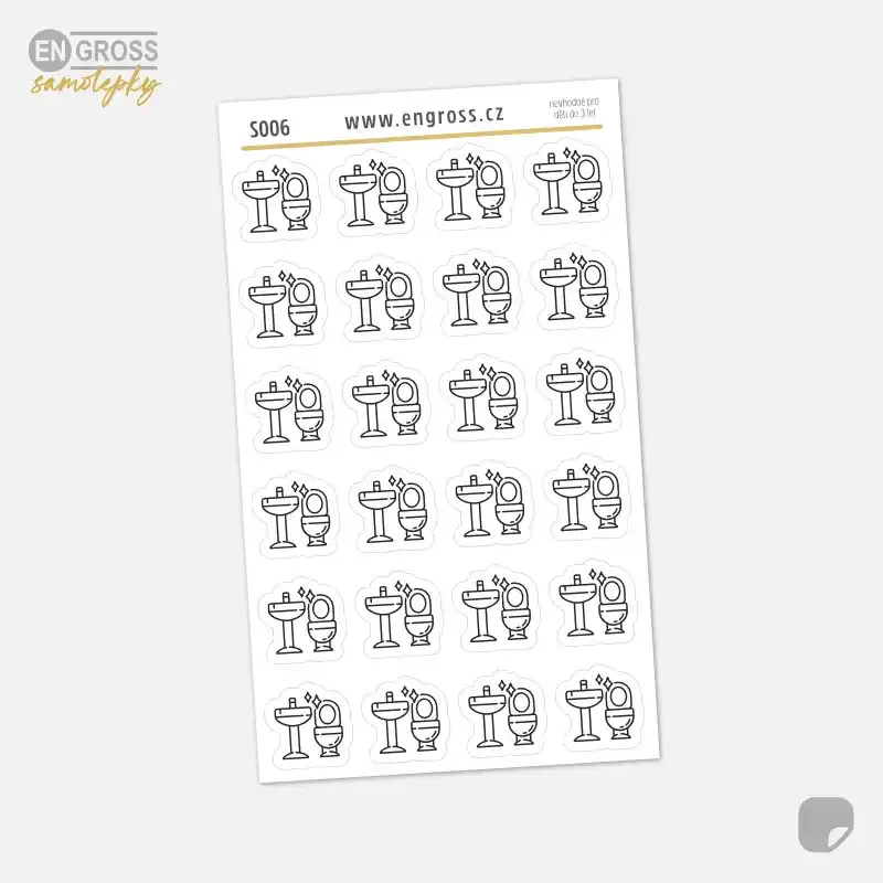 Samolepky do diáře Úklid koupelny – 24 ks černobílých ikon.