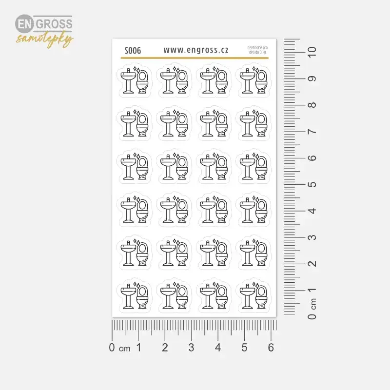 Samolepky do diáře Úklid koupelny – 24 ks černobílých ikon a snadné vylupování.