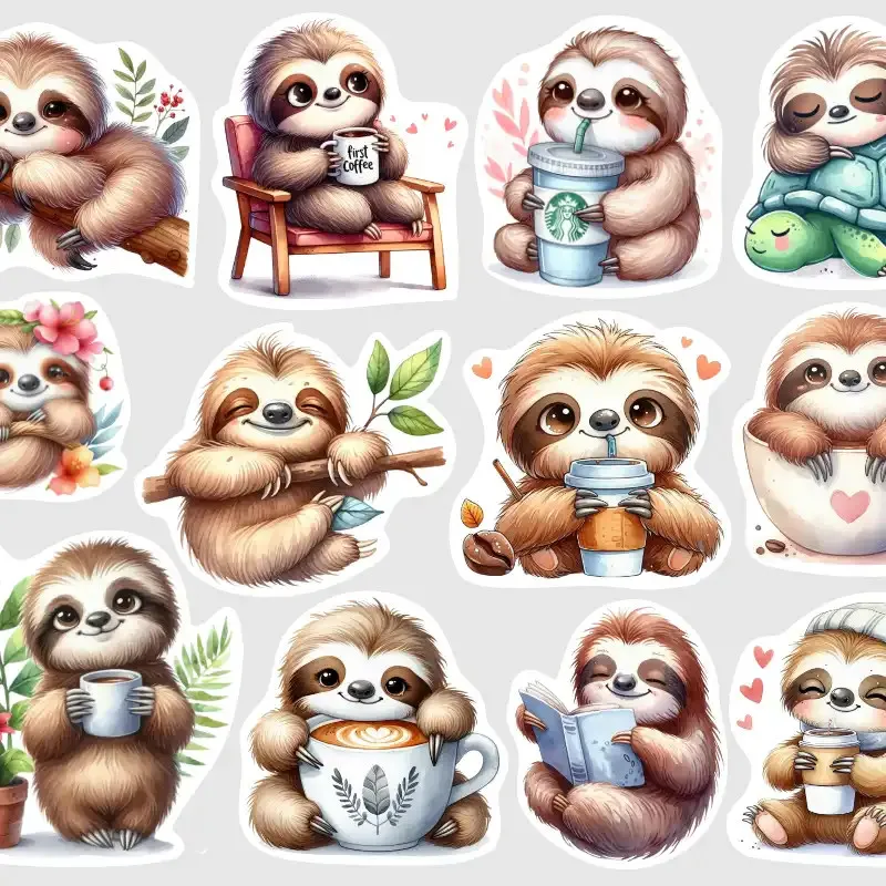 Nálepky lenošících lenochodů.