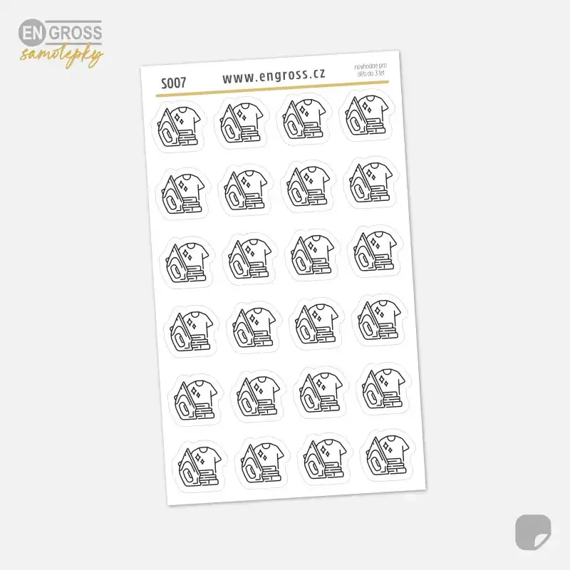 Samolepky do diáře: Žehlení – 24 ks černobílých ikon pro plánování úklidu.