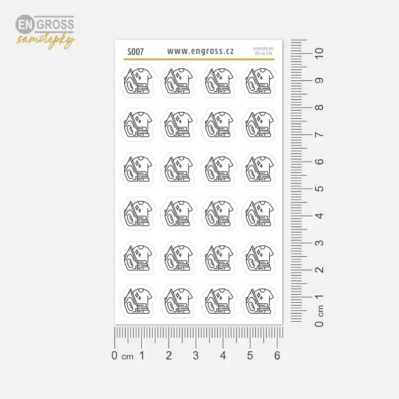 Samolepky do diáře: Žehlení – 24 ks černobílých ikon pro plánování úklidu.