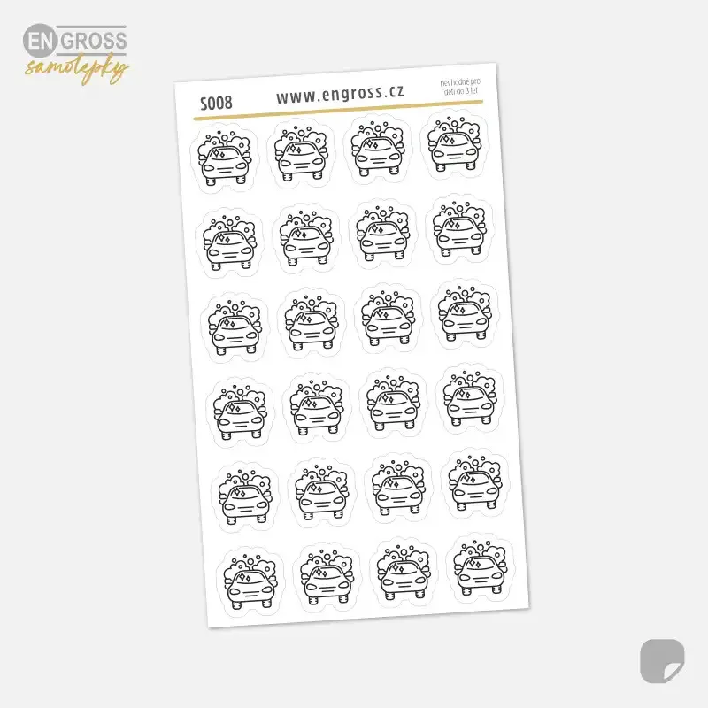 Samolepky do diáře: Mytí auta – 24 ks černobílých ikon pro plánování údržby.