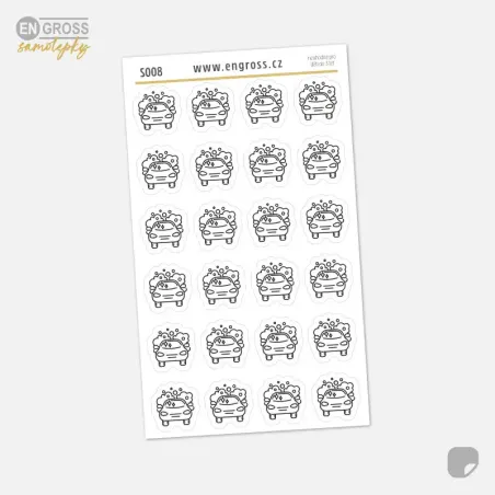 Samolepky do diáře: Mytí auta – 24 ks černobílých ikon pro plánování údržby.