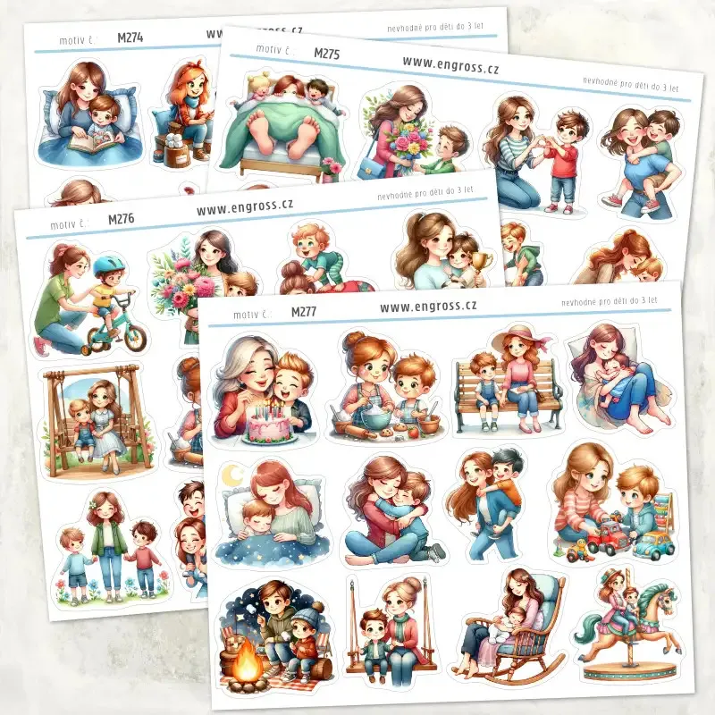Kolekce samolepek máma a syn v různých pózách a činnostech.