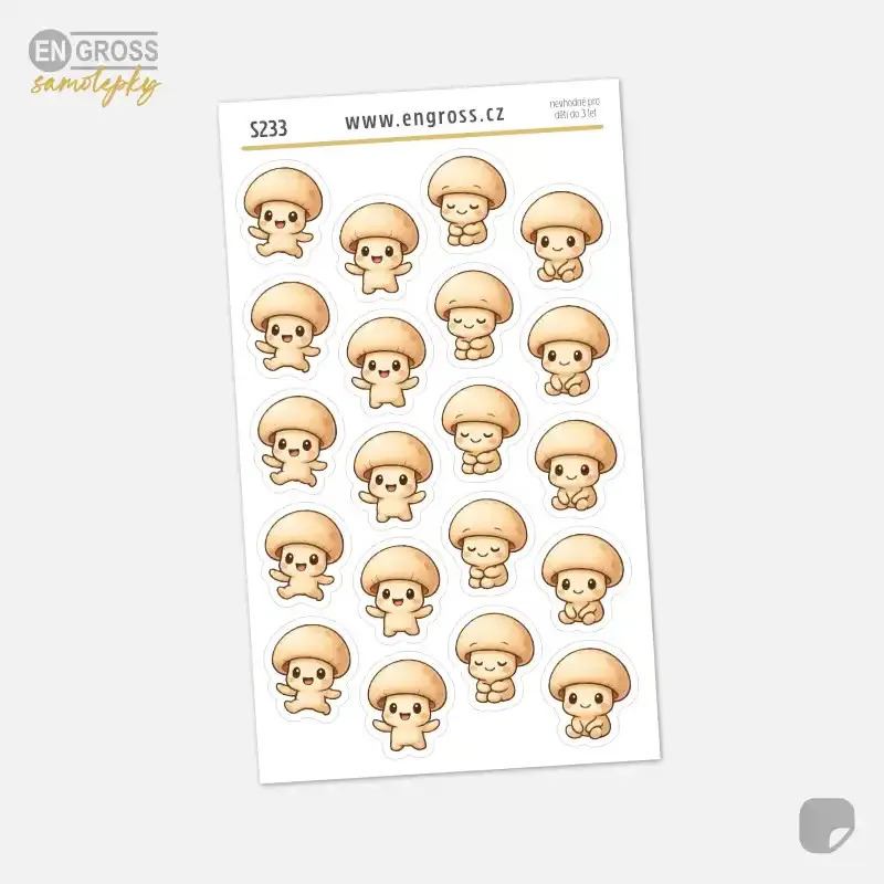 Samolepky do diáře: Žampion emoce – 20 ks mini kawaii samolepek z kolekce Frutíci.