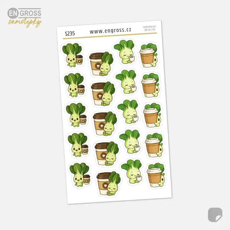 Samolepky do diáře: Pak-čoj a káva – 20 ks mini kawaii samolepek pro milovníky kávy.
