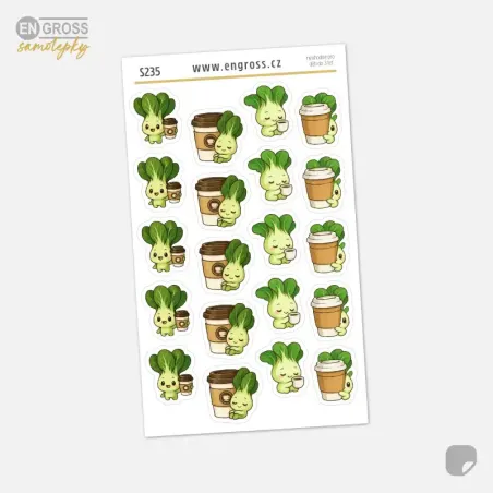 Samolepky do diáře: Pak-čoj a káva – 20 ks mini kawaii samolepek pro milovníky kávy.
