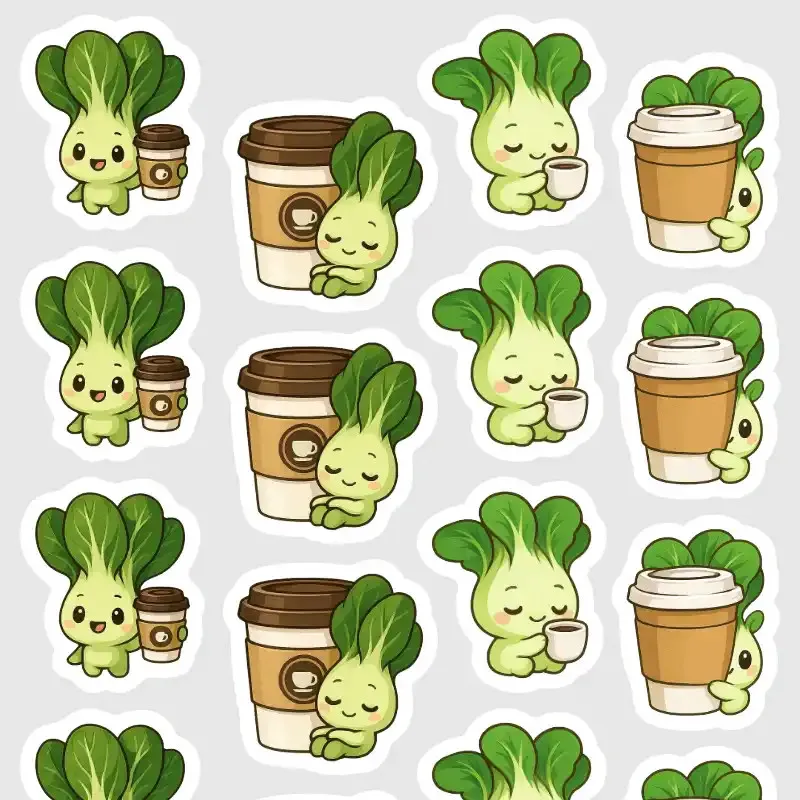 Samolepky do diáře: Pak-čoj a káva – 20 ks mini kawaii samolepek z kolepkce Frutíci.