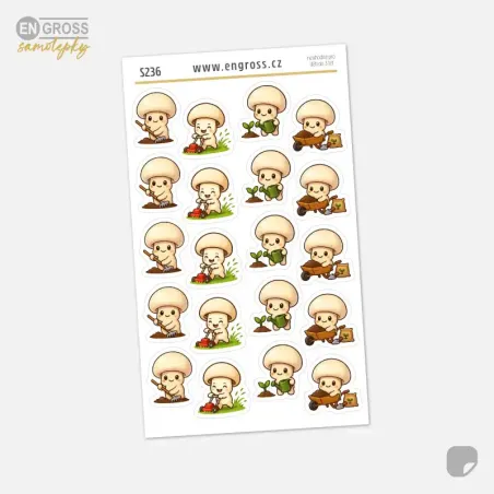 Samolepky do diáře: Žampion zahradníkem – 20 ks mini kawaii samolepek nejen pro zahradníky.