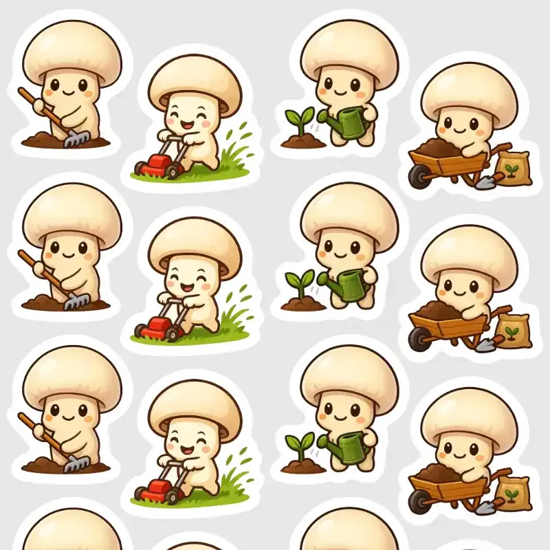 Samolepky do diáře: Žampion zahradníkem – 20 ks mini kawaii samolepek z kolepkce Frutíci.