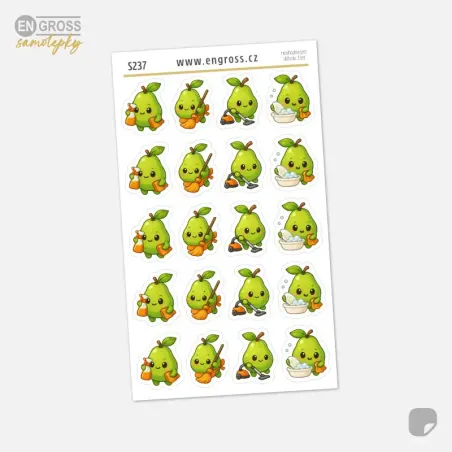 Samolepky do diáře: Hruška uklízí – 20 ks mini kawaii samolepek pro plánování úklidu.