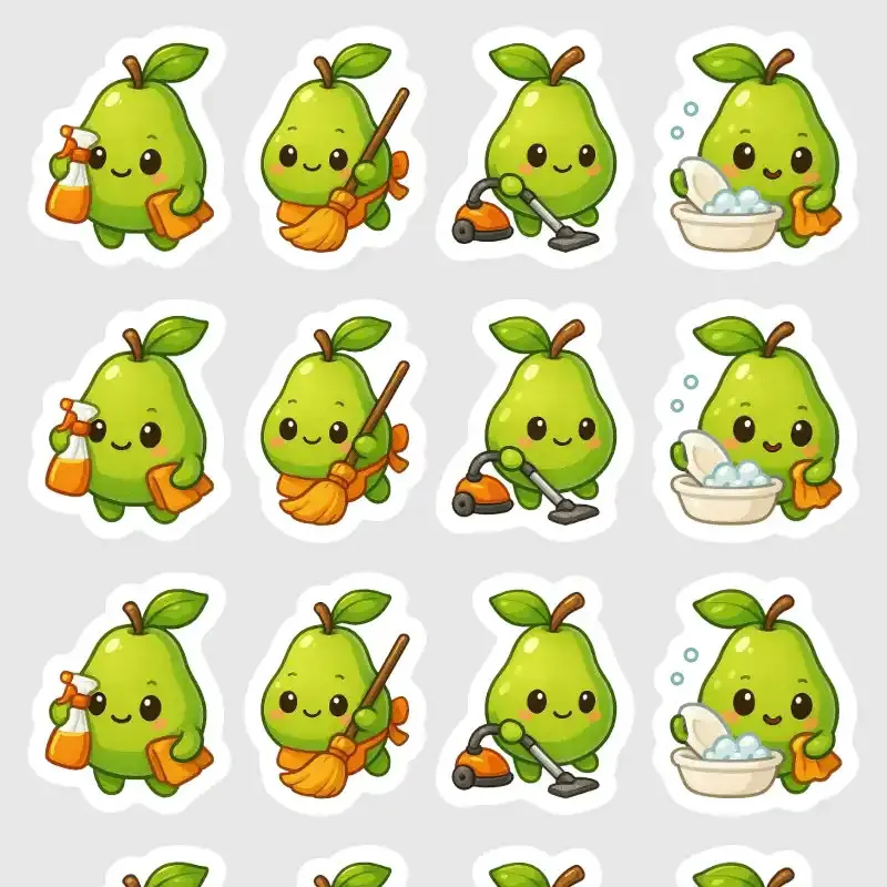 Samolepky do diáře: Hruška uklízí – 20 ks mini kawaii samolepek z kolekce Frutíci.