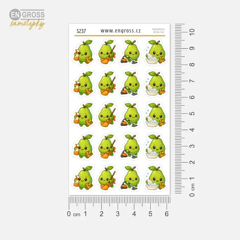 Samolepky do diáře: Hruška uklízí – 20 ks mini kawaii samolepek do malých diářů.