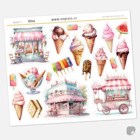 Samolepky do diáře Zmrzlinový stánek – 19 ks watercolor nálepek na léto.