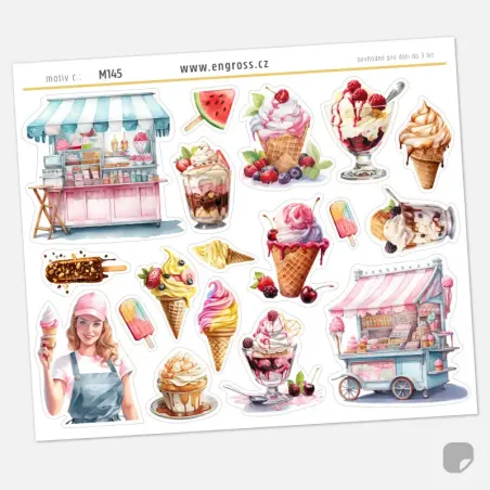 Samolepky do diáře: Zmrzlinový pohár – 18 ks watercolor ilustrací.