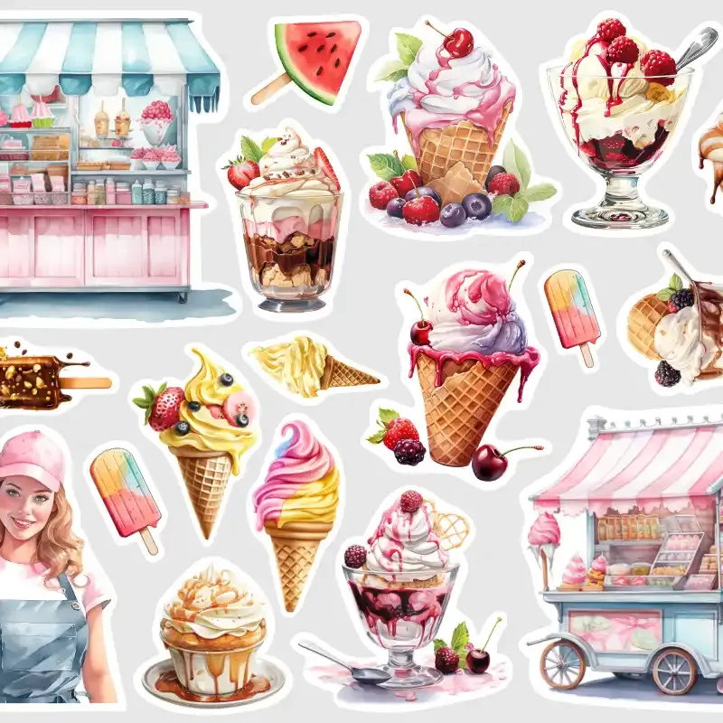 Samolepky do diáře: Zmrzlinový pohár – 18 ks watercolor ilustrací pro diíř, deník, bullet i scrapbooking.
