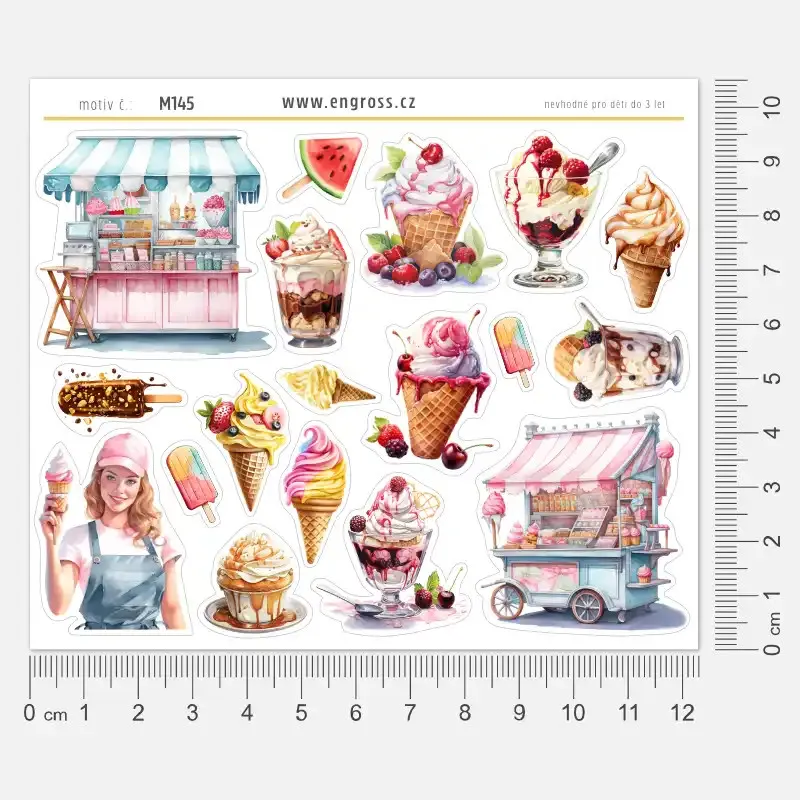 Samolepky do diáře: Zmrzlinový pohár – 18 ks watercolor ilustrací české výroby.