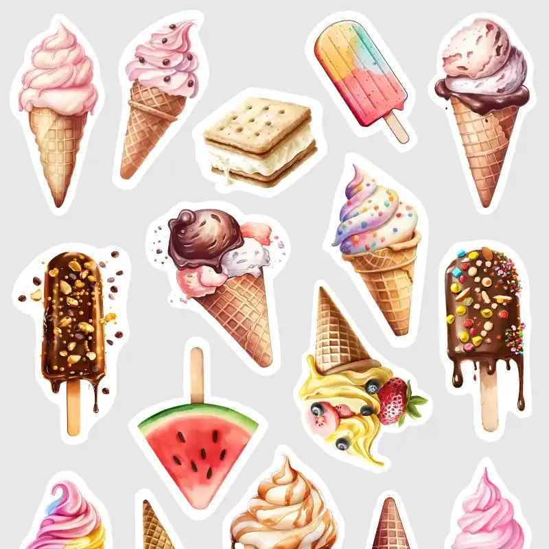 Samolepky do diáře: Zmrzliny – 19 ks mini watercolor nálepek pro diář, deník, bullet i scrapbooking.