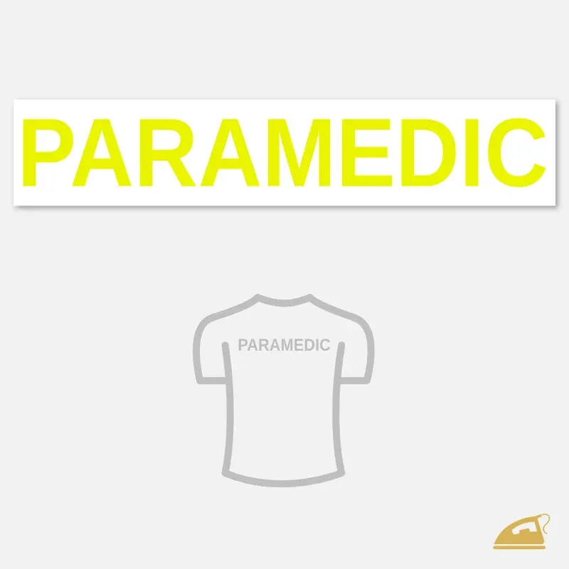 Velký neonový nažehlovací nápis PARAMEDIC na záda – v neonově žluté nebo oranžové barvě.