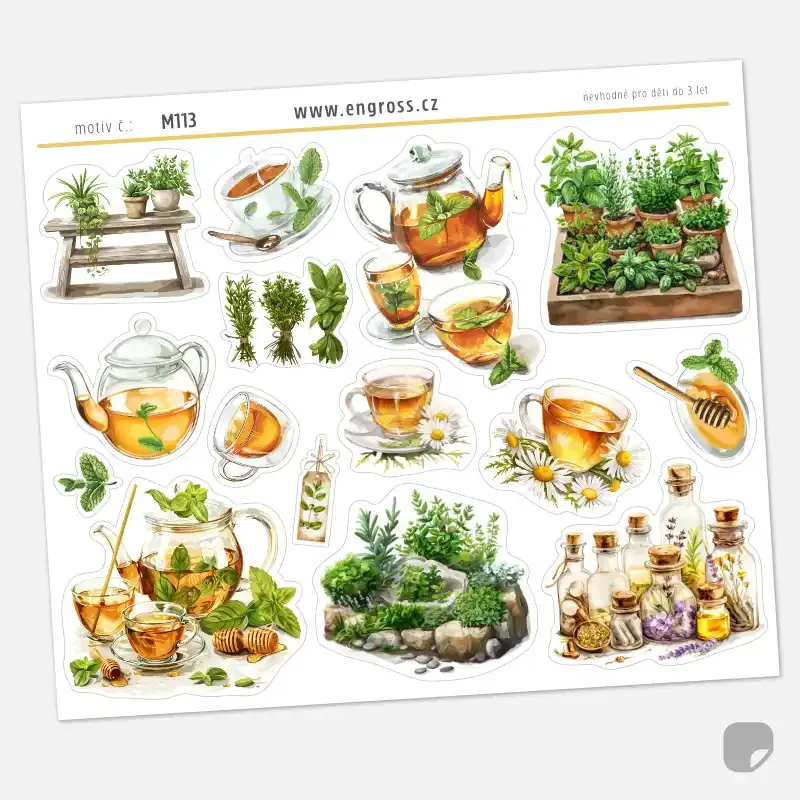 Samolepky do diáře: Bylinkový čaj – Mátový, 15 watercolor ilustrací s mátou a medem.