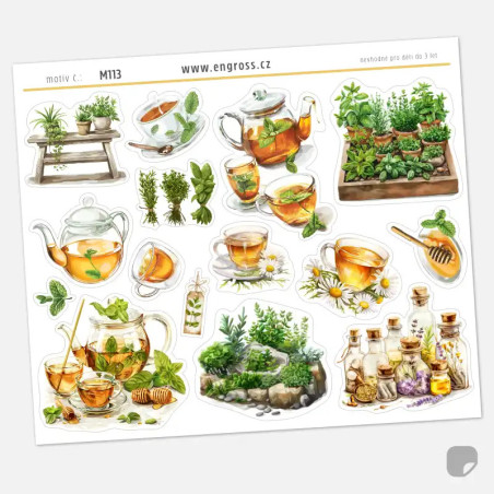 Samolepky do diáře: Bylinkový čaj – Mátový, 15 watercolor ilustrací s mátou a medem.