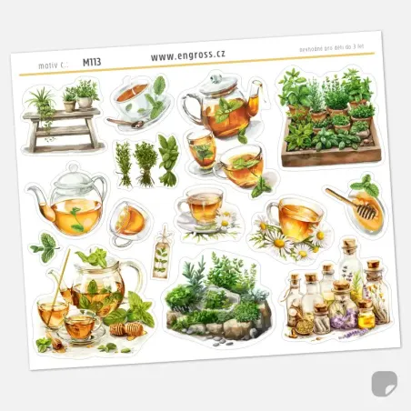 Samolepky do diáře: Bylinkový čaj – Mátový, 15 watercolor ilustrací s mátou a medem.