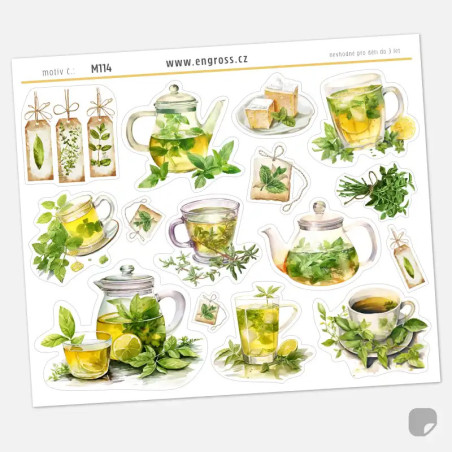 Samolepky do diáře: Bylinkový čaj – Meduňkový, 16 ks watercolor nálepek.