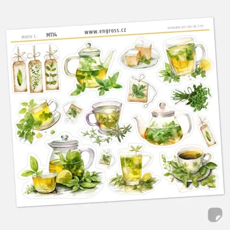 Samolepky do diáře: Bylinkový čaj – Meduňkový, 16 ks watercolor nálepek.