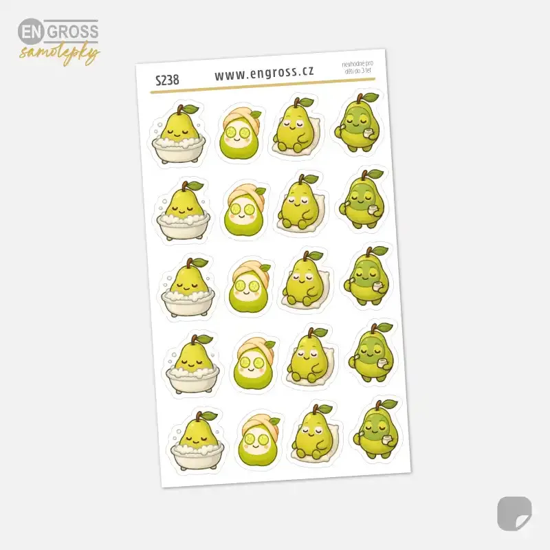 Samolepky do diáře: Hruška a péče o sebe – 20 ks mini kawaii samolepek z kolekce Frutíci.