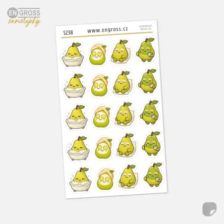 Samolepky do diáře: Hruška a péče o sebe – 20 ks mini kawaii samolepek z kolekce Frutíci.