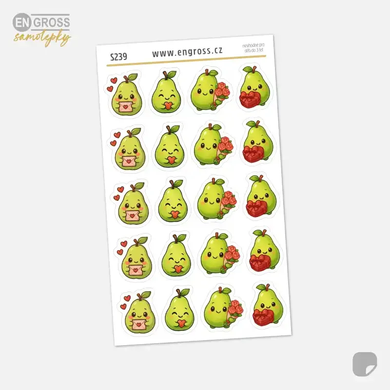 Samolepky do diáře: Zamilovaná hruška – 20 ks mini kawaii samolepek z kolekce Frutíci.