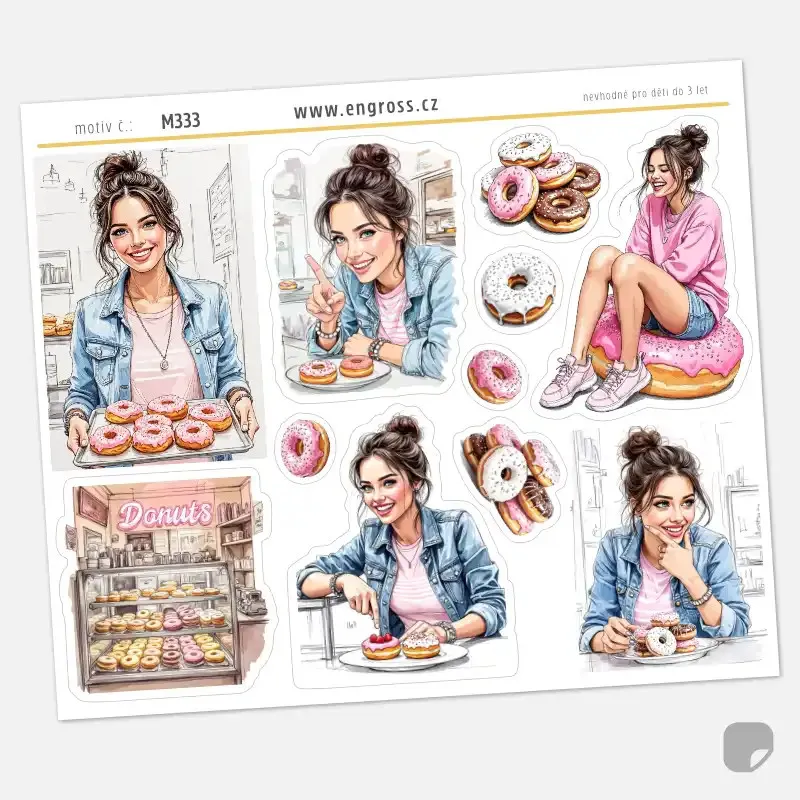 Samolepky do diáře Mia: Sladké donuty – Aršík ve stylu pencil sketch.
