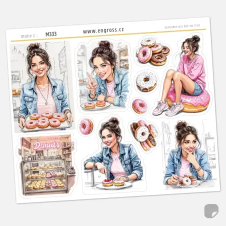 Samolepky do diáře Mia: Sladké donuty – Aršík ve stylu pencil sketch.