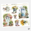 Samolepky do diáře: Květinové dveře – 8 ks watercolor nálepek s nápisem Jaro.
