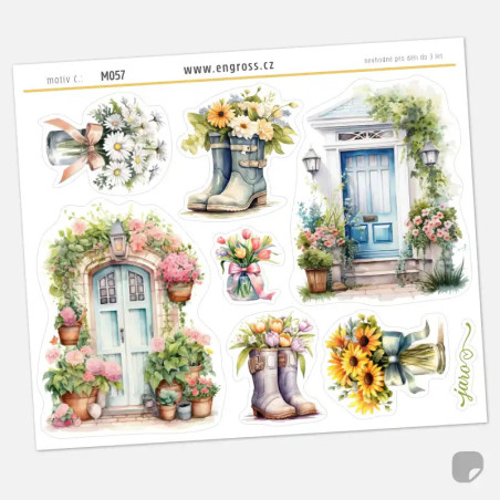Samolepky do diáře: Květinové dveře – 8 ks watercolor nálepek s nápisem Jaro.