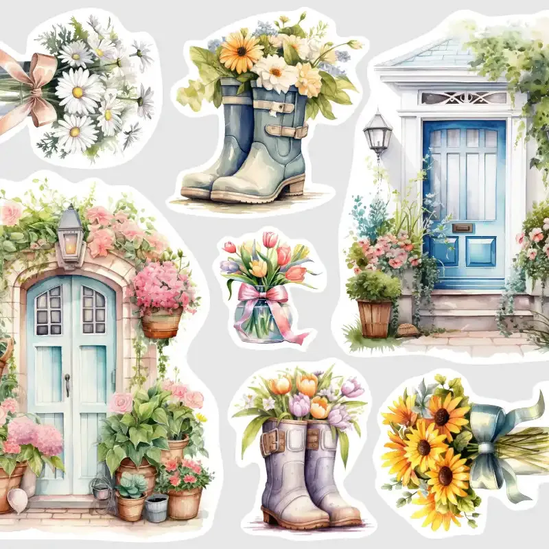 Samolepky do diáře: Květinové dveře – jarní ilustrace pro bullet, diář, deník i scrapbooking.